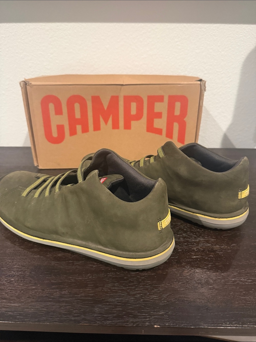 Camper Olive Green Low-Top Sneakers with Yellow Trim